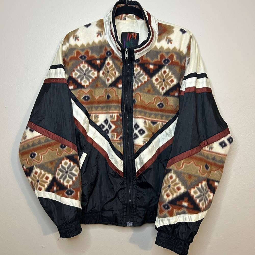 Retro Fleece Lined Track Jacket Southwest Geometric‎ Print M New York Classic